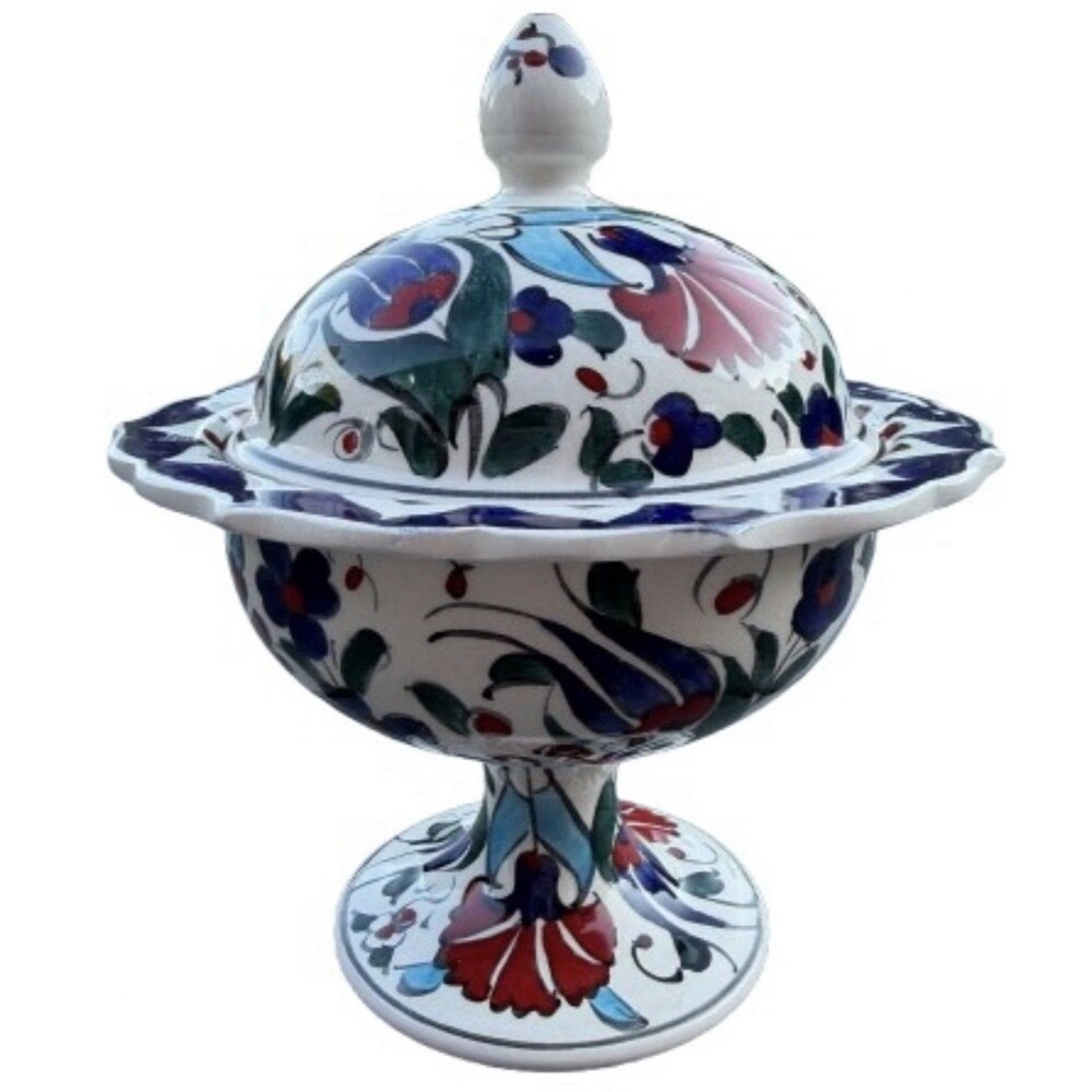 Vintage Turkish Ceramic Sugar Bowl Lidded Candy Dish Hand Painted Pedestal 7.5”